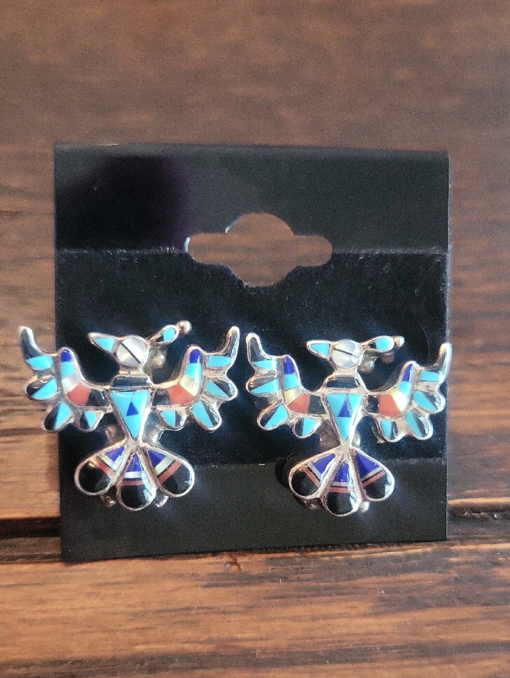Sterling Thunderbird Earrings Inlay Turquoise/ Mother of Pearl/Onyz/Coral/Lapis